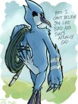  anthro avian beak bird black_beak blue_body blue_feathers blue_jay butt cartoon_network corvid english_text feathers hi_res jay_(bird) looking_back male mordecai_(regular_show) new_world_jay oscine passerine regular_show rigbyschmex smug solo text water_hose 