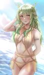  1girl absurdres alternate_costume antlers arm_up bare_shoulders bikini blush braid braided_bangs branch breasts brown_eyes ceres_fauna commentary english_commentary flower green_hair hair_between_eyes hair_flower hair_ornament highres hololive hololive_english horns long_hair looking_at_viewer medium_breasts navel porukana single_braid solo swimsuit virtual_youtuber 