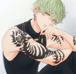 1boy black_shirt black_tank_top covering_mouth ear_piercing earrings green_eyes green_hair highres jewelry kei_(k2224911) looking_at_viewer male_focus masaki_hokusai necklace paradox_live piercing shirt short_hair solo tank_top tattoo wavy_hair white_background 
