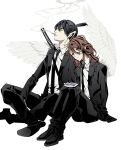  2boys angel_devil_(chainsaw_man) bangs black_footwear black_hair black_necktie black_pants blue_eyes brown_hair chainsaw_man cigarette collared_shirt feathered_wings flats formal full_body hair_between_eyes hayakawa_aki_(chainsaw_man) indian_style jacket katana knees_up leaning_on_person long_hair long_sleeves looking_up male_focus multiple_boys necktie open_clothes open_jacket pants red_eyes sarachi_yomi shirt short_hair sitting smoke smoking suit sword topknot weapon weapon_on_back white_shirt wings 