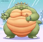  anthro belly big_belly bracelet claws crown food green_body hi_res holding_food holding_object horn hot_dog jewelry king_koopa koopa male mario_bros moobs nintendo obese obese_anthro obese_male overweight overweight_anthro overweight_male reptile scalie shell solo spiked_bracelet spiked_shell spikes spikes_(anatomy) stompsthecroc video_games 