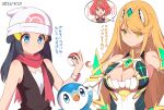  absurdres bangs bare_shoulders beanie black_shirt blonde_hair blue_eyes breasts chest_jewel cleavage cleavage_cutout clothing_cutout crossover dawn_(pokemon) dress earrings elbow_gloves gem gloves hat headpiece highres jewelry large_breasts long_hair mythra_(xenoblade) namesake piplup pokemon pyra_(xenoblade) red_scarf scarf shirt short_dress swept_bangs tiara tomazi translation_request very_long_hair white_dress white_gloves xenoblade_chronicles_(series) xenoblade_chronicles_2 yellow_eyes 