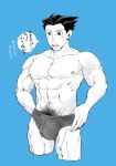  1boy abs ace_attorney alternate_muscle_size bara blush briefs bulge cropped_legs excessive_pubic_hair greyscale_with_colored_background hair_slicked_back highres large_bulge large_pectorals male_focus male_pubic_hair male_underwear male_underwear_pull mari_(m0290141) muscular muscular_male navel navel_hair nipples pectorals phoenix_wright pubic_hair short_hair sideburns solo stomach sweatdrop thighs topless_male translation_request underwear underwear_only 