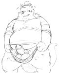  2022 96panda anthro balls belly big_belly blush canid canine canis domestic_dog erection face_mask genitals hi_res humanoid_genitalia humanoid_hands humanoid_penis kemono male mammal musk overweight overweight_male penis simple_background solo white_background 