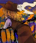 1girl abstract_background ass bad_id blonde_hair blue_background brown_headwear brown_skirt brown_vest cigarette fence hat highres holding holding_cigarette jacket_girl_(dipp) kujikimi long_hair long_skirt long_sleeves multicolored_background outdoors shirt sketch skirt smoke smoking touhou vest wavy_hair white_shirt yellow_background 