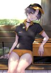 1boy bangs bench black_choker black_shirt blurry blurry_background breasts bulge choker closed_eyes commentary covered_navel cup dappled_sunlight day feet_out_of_frame futanari highres ikemeru19 ikemeru19&#039;s_delivery_boy knees legs_together light_rays male_focus orange_shorts original otoko_no_ko outdoors parted_bangs parted_lips patreon_username purple_hair shirt short_hair shorts sitting sleeping small_breasts solo sunlight thighs twitter_username 