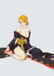  1girl absurdres alternate_costume bangle bare_shoulders black_kimono bracelet breasts cleavage collarbone floral_print hair_ornament hairclip highres japanese_clothes jewelry kimono large_breasts looking_at_viewer nami_(one_piece) official_alternate_costume one_piece orange_hair ponytail shoulder_tattoo sitting solo taobuliaoke tattoo thighs yellow_eyes 