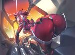  1girl arched_back armor ass ass_focus bangs bent_over blue_eyes bodysuit breasts code_geass crotch_seam from_behind headband highres iwao178 kallen_stadtfeld leaning_forward long_hair parted_bangs red_bodysuit red_hair shoulder_armor solo sunlight thick_thighs thighs 