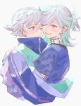  2boys blue_eyes blue_hair brothers choker ear_piercing hug looking_at_another male_focus matching_outfit multicolored_hair multiple_boys one_eye_closed paradox_live piercing purple_eyes purple_hair siblings smile twins urade_neyo white_background yatonokami_kanata yatonokami_nayuta 