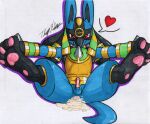  &lt;3 animal_genitalia animal_penis anthro anus balls bodily_fluids canine_penis clothing cum cum_pool erection gaping gaping_anus genital_fluids genitals hi_res looking_at_viewer lucario male nintendo pawpads paws penis pok&eacute;mon pok&eacute;mon_(species) pokemon_unite rotten_owl ruins_style_lucario simple_background small_balls small_penis solo traditional_media_(artwork) video_games white_background 