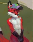  anthro biped black_body black_ears black_eyebrows black_fur black_nose black_tail canid canine covering covering_crotch eyebrows facial_markings fox front_view fur glistening glistening_eyes glistening_nose hair head_markings hi_res inner_ear_fluff looking_aside male mammal markings narrowed_eyes oselotti red_body red_ears red_eyes red_fur red_hair red_tail signature simple_background solo standing tuft white_body white_fur white_inner_ear_fluff white_tail 