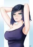  1girl absurdres aqua_eyes armpits arms_behind_head arms_up bangs bare_arms bare_shoulders blue_hair blue_shirt blunt_bangs bob_cut breasts cleavage commentary falkonsflight genshin_impact grin highres large_breasts parted_lips shirt short_hair single-shoulder_shirt single_strap smile solo upper_body yelan_(genshin_impact) 