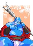  1boy bald bara bare_pectorals belly blue_skin bulge cherry_blossoms chest_hair colored_skin cup fat fat_man fundoshi gdoubt_(picsontop) hanami highres holding holding_cup holding_polearm holding_weapon japanese_clothes kimono large_pectorals male_focus male_pubic_hair muscular muscular_male nipples open_clothes open_kimono orc original over_shoulder pectorals polearm pubic_hair pubic_hair_peek red_kimono sitting solo spread_legs stomach thick_eyebrows thick_thighs thighs tusks weapon weapon_over_shoulder 