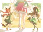  4girls animal_ears bloom bow braid brown_hair cat_ears cat_tail child dress floral_print frills green_bow green_dress hair_bow height_difference kaenbyou_rin kiramarukou komeiji_koishi komeiji_satori light light_particles long_hair long_sleeves multiple_girls multiple_tails nekomata outdoors puffy_sleeves red_hair reiuji_utsuho ribbon shoes skirt tail touhou twin_braids two_tails walking wings younger 