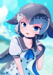  1girl blowhole blue_eyes blue_sky cetacean_tail cloud day dolphin_girl dorsal_fin dress horizon kemono_friends kemono_friends_3 looking_at_viewer narwhal_(kemono_friends) ocean sailor_dress seaside shore sky solo sun utsuro_atomo 