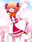  1girl absurdres arm_up blue_eyes blush cherry_blossoms day dress eyebrows_visible_through_hair fairy fairy_wings fang hair_between_eyes headdress highres long_sleeves open_mouth orange_hair red_dress short_hair smile solo sunny_milk touhou two_side_up wings you_(noanoamoemoe) 