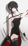  1girl bare_shoulders black_dress black_gloves black_hair blood blood_on_wall blood_on_weapon breasts cleavage closed_mouth collarbone cowboy_shot dagger dress dual_wielding earrings fingerless_gloves gloves gold_earrings gold_hairband highres holding holding_dagger holding_weapon jewelry knife looking_at_viewer medium_breasts off-shoulder_dress off_shoulder red_eyes red_nails reverse_grip rikui_(rella2930) rose_hair_ornament shadow sidelocks solo spikes spy_x_family thighhighs two-sided_dress weapon yor_briar zettai_ryouiki 