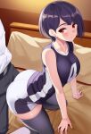  1boy 1girl all_fours ass bangs bare_arms bare_shoulders bed black_pants blush breasts closed_mouth eyebrows_visible_through_hair huyumitsu indoors jersey large_breasts original pants purple_hair purple_legwear red_eyes shirt shorts solo_focus thighhighs thighs white_shirt 