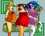  2004 animal_humanoid anthro bag belly big_belly big_breasts blue_eyes blue_hair breasts brown_hair capcom clothing crossover danellz darkstalkers digital_media_(artwork) dress felicia_(darkstalkers) felid felid_humanoid female group hair humanoid kathy_(danellz) lion mammal mammal_humanoid mouse murid murine navel_outline nipple_outline pantherine pregnant red_clothing red_dress rodent thundercats tygra video_games 