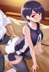  1boy 1girl all_fours ass ass_grab bangs bare_arms bare_shoulders bed black_pants blush breasts eyebrows_visible_through_hair huyumitsu indoors jersey large_breasts original pants parted_lips purple_hair purple_legwear red_eyes shirt shorts solo_focus thighhighs thighs white_shirt 
