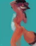  anthro biped black_body black_fur black_nose black_tail blue_background blue_ears canid canine chest_tuft elbow_tufts eyes_closed fox fur gloves_(marking) hair hand_on_head hi_res inner_ear_fluff male mammal markings orange_body orange_ears orange_fur orange_tail oselotti red_hair side_view signature simple_background solo standing tuft white_body white_fur white_inner_ear_fluff white_tail 