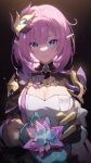  1girl absurdres asymmetrical_sleeves bangs blue_eyes breasts cleavage crystal dark_background elysia_(honkai_impact) eyebrows_visible_through_hair gloves hair_ornament highres holding honkai_(series) honkai_impact_3rd large_breasts looking_at_viewer parted_lips pink_hair pointy_ears pov slyvia smile solo upper_body 