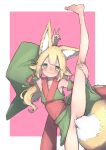  1girl :3 \n/ absurdres animal_ear_fluff animal_ears armpits bangs bare_shoulders barefoot blonde_hair blush border closed_mouth commentary_request detached_sleeves duplicate eyebrows_visible_through_hair flexible fox_ears fox_girl fox_tail fukutchi green_eyes groin_tendon hair_flaps hand_on_own_leg highres japanese_clothes kimono kneepits leg_lift leg_up legs long_hair long_legs looking_at_viewer no_panties original outside_border partially_visible_vulva pink_background pixel-perfect_duplicate pointy_ears red_background red_sash sash short_eyebrows simple_background skinny smile solo split spread_legs standing standing_on_one_leg standing_split stretch tail thick_eyebrows two-tone_background white_border wide_sleeves 