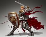  1boy armor arrow_(projectile) beard blonde_hair cape chain facial_hair fighting_stance highres kang_nk knight leg_armor lion loincloth looking_at_viewer male_focus manly mature_male muscular muscular_male original shield short_hair shoulder_armor shoulder_pads skirt solo spiked_hair sword warrior weapon 