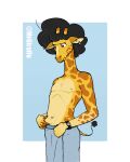 4:5 afro anthro black_hair concerned ear_piercing fur giraffe giraffid giraffo hair hand_on_stomach hi_res horn jewelry long_neck looking_down male mammal mrgiraffo nipples ossicone piercing raised_tail simple_background solo solo_focus spots towel towel_only yellow_body yellow_fur 