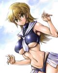  1girl amania_orz armpit_crease blonde_hair breasts closed_mouth cloud eyebrows_visible_through_hair long_hair looking_at_viewer navel necktie solo tenjouin_asuka underboob yellow_eyes yu-gi-oh! yu-gi-oh!_gx 