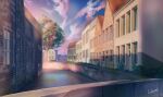  absurdres blue_sky building cloud commentary_request grass hakuurei_amano highres house no_humans original outdoors river scenery shadow sky sunrise tree water watermark 