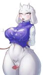  absurd_res anthro blush bodily_fluids boss_monster bovid breasts caprine clothed clothing female fur genital_fluids genitals healingpit hi_res horn lactating mammal mature_anthro mature_female milk solo tongue toriel undertale undertale_(series) video_games white_body white_fur 