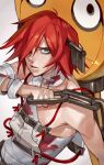  1girl a.b.a absurdres bags_under_eyes bandages blood blood_on_clothes chain green_eyes grey_background guilty_gear guilty_gear_xx hair_over_one_eye highres key key_in_head looking_at_viewer orange_hair paracelsus parted_lips red_hair short_hair simple_background uncle_rabbit_ii upper_body 