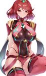  1girl absurdres bangs blush bob_cut breasts chest_jewel circlet cleavage closed_mouth commentary_request covered_navel dangle_earrings earrings eyebrows_visible_through_hair headpiece highres jewelry kataku_musou large_breasts looking_at_viewer navel pyra_(xenoblade) red_eyes red_hair short_hair sitting skindentation solo thighhighs tiara white_background xenoblade_chronicles_(series) xenoblade_chronicles_2 
