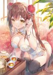  1girl :q bamboo_steamer baozi bare_arms bare_shoulders black_legwear bracelet breasts brown_hair bun_cover china_dress chinese_clothes cleavage closed_mouth clothing_cutout cup double_bun dress earrings food gold_trim hair_ornament hairclip hand_up highres jewelry kneeling large_breasts lattice long_hair looking_at_viewer miwabe_sakura no_panties no_shoes original pelvic_curtain pillow sitting skindentation sleeveless sleeveless_dress smile solo teacup teapot thighhighs thighs tongue tongue_out transparent twintails very_long_hair white_dress yellow_eyes 