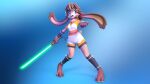  16:9 accessory animal_humanoid anthro bottomwear clothed clothing disney duo female gloves hair_accessory hairclip handwear hi_res humanoid lagomorph lagomorph_humanoid lemurfeature lepi leporid leporid_humanoid lightsaber long_ears lop_(star_wars_visions) mammal mammal_humanoid melee_weapon rabbit rabbit_humanoid short_sleeves shorts simple_background star_wars star_wars_visions umbrella weapon widescreen 