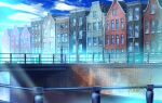  blue_sky bridge building city cityscape cloud commentary_request fence hakuurei_amano highres lamppost no_humans original outdoors river scenery sky tree water watermark window 