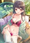  1girl bare_shoulders black_hair book bra breasts chair cleavage collarbone dengeki_moeou hair_ornament hairclip highres lace-trimmed_bra lace_trim large_breasts lily_pad lingerie long_hair looking_at_viewer miwabe_sakura multi-strapped_panties navel off_shoulder open_book open_mouth original panties red_bra red_eyes red_panties sitting smile solo stomach string_bra string_panties thighs underwear underwear_only 