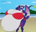  2018 anthro beach belly big_belly big_breasts bikini breasts butt clothing cloud digital_media_(artwork) dragon draya_(drakewyrmsilverwing) female hand_behind_head hi_res huge_breasts hyper hyper_belly hyper_breasts hyper_pregnancy multicolored_body navel one_eye_closed outie_navel pregnant reptile sand satsumalord scalie seaside sky solo swimwear two_tone_body water wings wink 