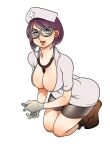  1girl blue_eyes boots breasts chrono_trigger cleavage full_body glasses gloves hat lips looking_at_viewer lucca_ashtear mik_mikako nurse_cap open_mouth purple_hair short_hair simple_background solo stethoscope white_background 