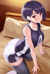  1girl all_fours ass bangs bare_arms bare_shoulders bed blush breasts closed_mouth eyebrows_visible_through_hair huyumitsu indoors jersey large_breasts looking_at_viewer original purple_hair purple_legwear red_eyes shorts solo thighhighs thighs 