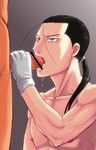  black_hair censored cum cum_in_mouth fellatio fullmetal_alchemist gloves grey_eyes long_hair oral penis pointless_censoring ponytail shirtless solf_j_kimblee white_glove white_gloves yaoi zolf_kimblee 