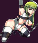 armpits arms_up bdsm belt blush body_blush bodysuit bondage bound breasts c.c. cc chains code_geass collar elbow_gloves female gloves green_hair long_hair nimo nipple_piercing nipples piercing simple_background solo squat squatting thighhighs torn_clothes white_legwear white_thighhighs 
