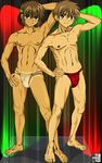  2boys blush card_captor_sakura character_request crossover dark_nipples fundoshi gouryu headband li_syaoran li_xiaolang male male_focus multiple_boys muscle nipples skin_contrast stripper tan tanline tsubasa_chronicle xiaolang 