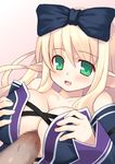  1girl artist_request blonde_hair blush breasts censored cleavage elf green_eyes large_breasts paizuri penis pointy_ears ribbon smile 