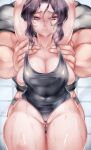  1boy 1girl absurdres armpits arms_up ass_visible_through_thighs blush breasts covered_navel grabbing grabbing_from_behind groin half-closed_eyes highres kimetsu_no_yaiba kochou_shinobu looking_at_viewer muscular muscular_male purple_eyes purple_hair sideboob sweat swimsuit thick_thighs thighs wet yome_prpr2 