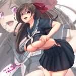  1girl black_serafuku black_skirt blush bow breasts brown_hair cleavage clothes_lift collarbone commentary cowboy_shot dated floating_hair hair_bow highres kantai_collection large_breasts leaning_forward long_hair looking_at_viewer mamiya_(kancolle) menacing_(jojo) moke_ro name_tag open_mouth pleated_skirt ponytail purple_eyes school_uniform serafuku shaded_face shiny shiny_hair shiny_skin shirt_lift skirt solo standing tareme translation_request twitter_username unbuttoned unbuttoned_skirt underboob undersized_clothes zoom_layer 
