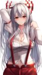  .me 1girl absurdres bow breasts cleavage collared_shirt fujiwara_no_mokou hair_between_eyes hair_bow highres large_breasts long_sleeves looking_at_viewer pants red_eyes red_pants shirt simple_background solo suspenders touhou white_background white_bow white_hair white_shirt 