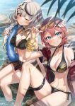  2girls ;) adjusting_eyewear bare_arms belt bikini black_belt black_bikini black_collar black_hair blue_eyes braid breasts cleavage collar frilled_bikini frills grey_hair hair_ornament halter_top halterneck head_wings highres holding holding_innertube hololive innertube kito_koruta medium_breasts multicolored_hair multiple_girls one_eye_closed outdoors pink_hair red_eyes sakamata_chloe sitting smile soaking_feet streaked_hair swimsuit takane_lui thigh_strap virtual_youtuber x_hair_ornament 