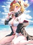  1girl bangs bare_shoulders beach bikini black_jacket blonde_hair blush bracelet breasts brown_eyes cleavage closed_mouth clothes_down cloud commentary_request day earrings eyewear_on_head hair_between_eyes hammer highres holding holding_hammer hololive hololive_indonesia jacket jewelry kaela_kovalskia kubota_masaki large_breasts lens_flare medium_hair midriff navel neck_warmer ocean open_clothes open_jacket outdoors sand sidelocks sitting sky smile solo stomach string_bikini sunglasses swimsuit thighs virtual_youtuber wariza wet wet_clothes white_bikini 